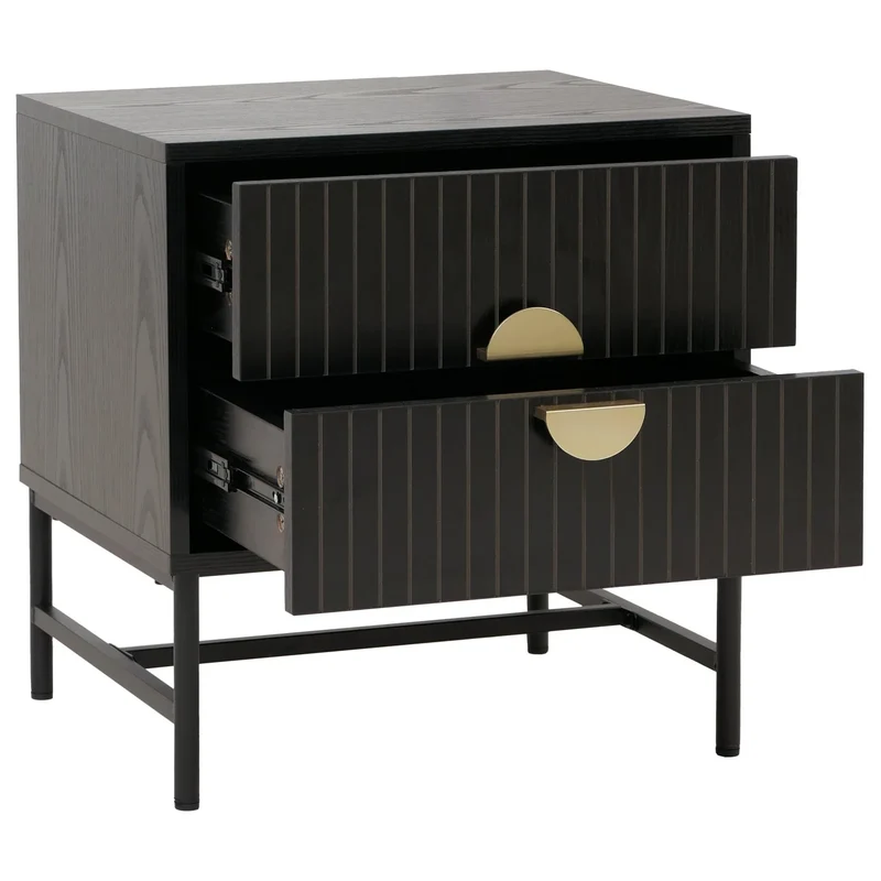 Table de chevet avec 2 tiroirs façades à lamelles design contemporain 50x48x39 cm en MDF mélaminé noyer et métal 04_0009196