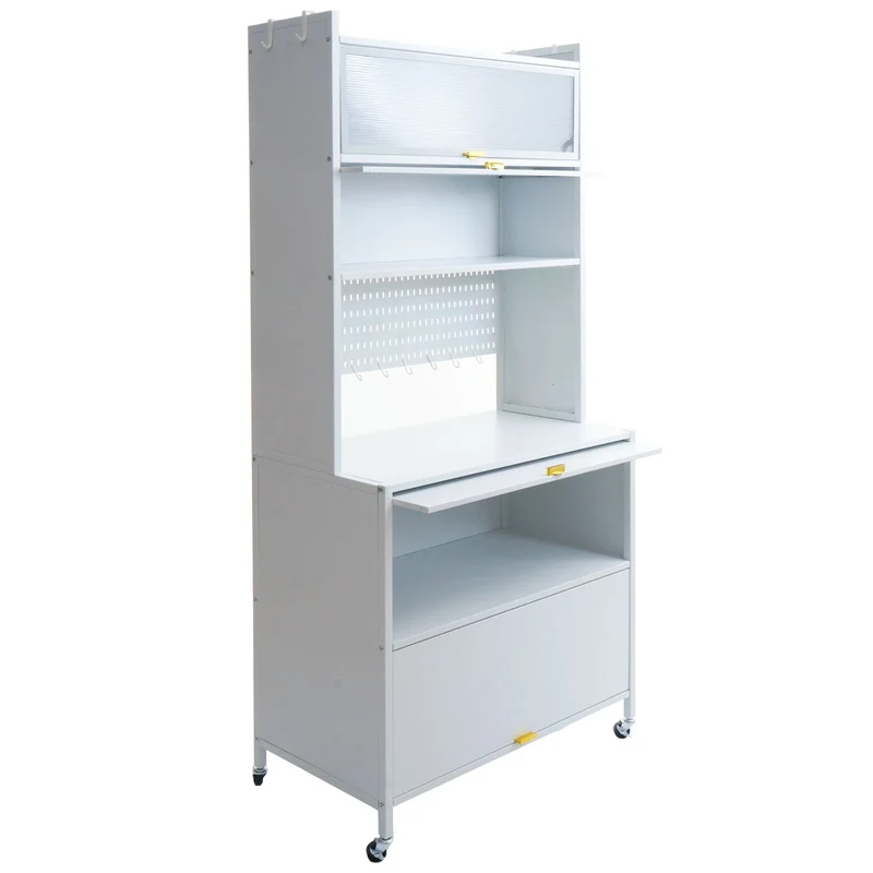 Armoire de cuisine meuble de rangement avec plan de travail étagères et roulettes métal blanc 175x80x42 cm 04_0009370
