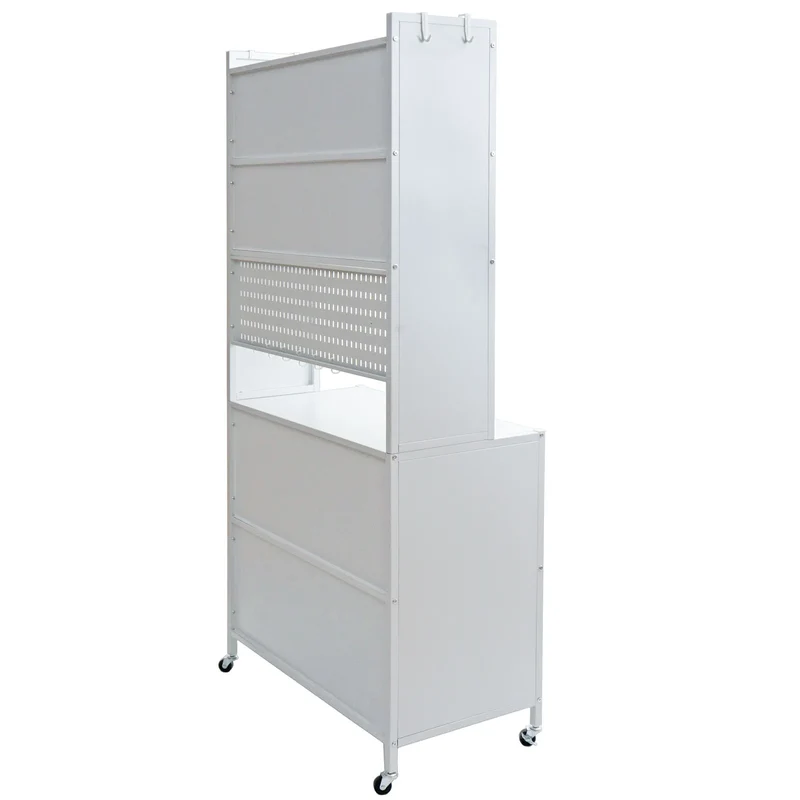 Armoire de cuisine meuble de rangement avec plan de travail étagères et roulettes métal blanc 175x80x42 cm 04_0009370