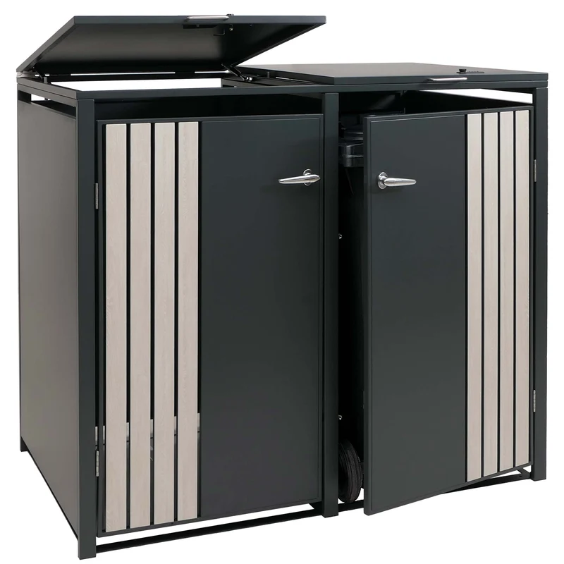 Cache-poubelles pour 2 bacs avec couvercle abri pour poubelles en métal 122x132x84 cm anthracite aspect bois clair 04_0009351