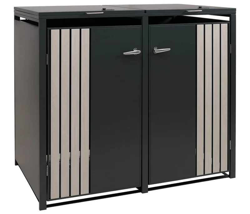 Cache-poubelles pour 2 bacs avec couvercle abri pour poubelles en métal 122x132x84 cm anthracite aspect bois clair 04_0009351