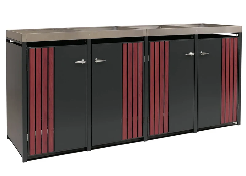 Cache-poubelles pour 4 bacs avec jardinière abri pour poubelles en métal 125x260x84 cm anthracite aspect bois foncé 04_0009313