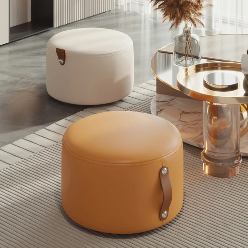 Contemporary Nordic Metal Rubber Wood Cat Scratch Leather Cylindrical Low Stool Backless Armless For Living Room