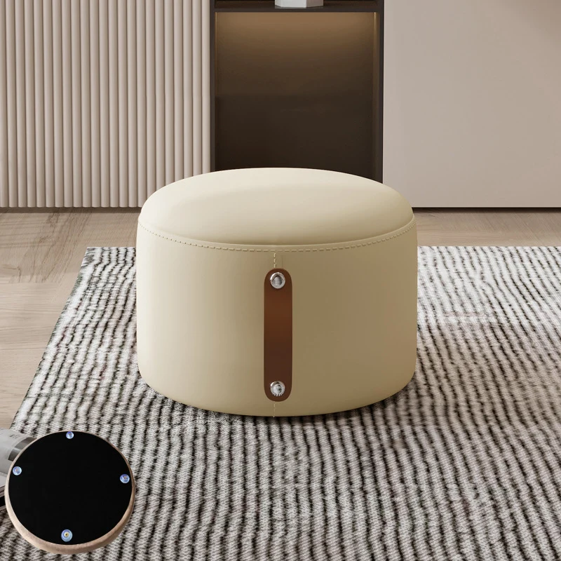 Contemporary Nordic Metal Rubber Wood Cat Scratch Leather Cylindrical Low Stool Backless Armless For Living Room