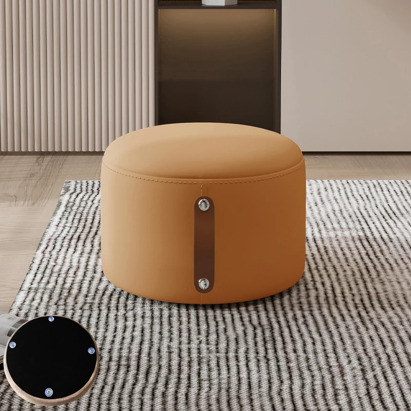 Contemporary Nordic Metal Rubber Wood Cat Scratch Leather Cylindrical Low Stool Backless Armless For Living Room