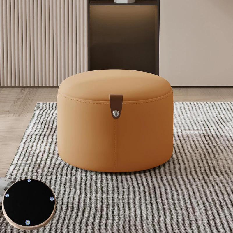 Contemporary Nordic Metal Rubber Wood Cat Scratch Leather Cylindrical Low Stool Backless Armless For Living Room