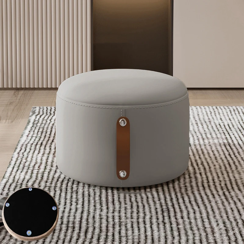 Contemporary Nordic Metal Rubber Wood Cat Scratch Leather Cylindrical Low Stool Backless Armless For Living Room