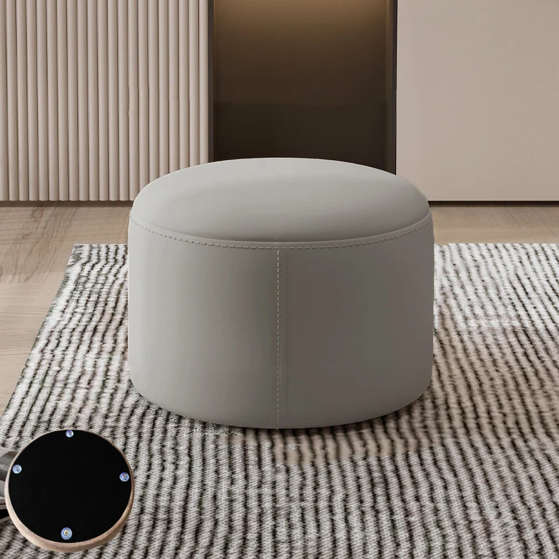 Contemporary Nordic Metal Rubber Wood Cat Scratch Leather Cylindrical Low Stool Backless Armless For Living Room