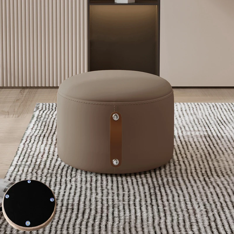 Contemporary Nordic Metal Rubber Wood Cat Scratch Leather Cylindrical Low Stool Backless Armless For Living Room