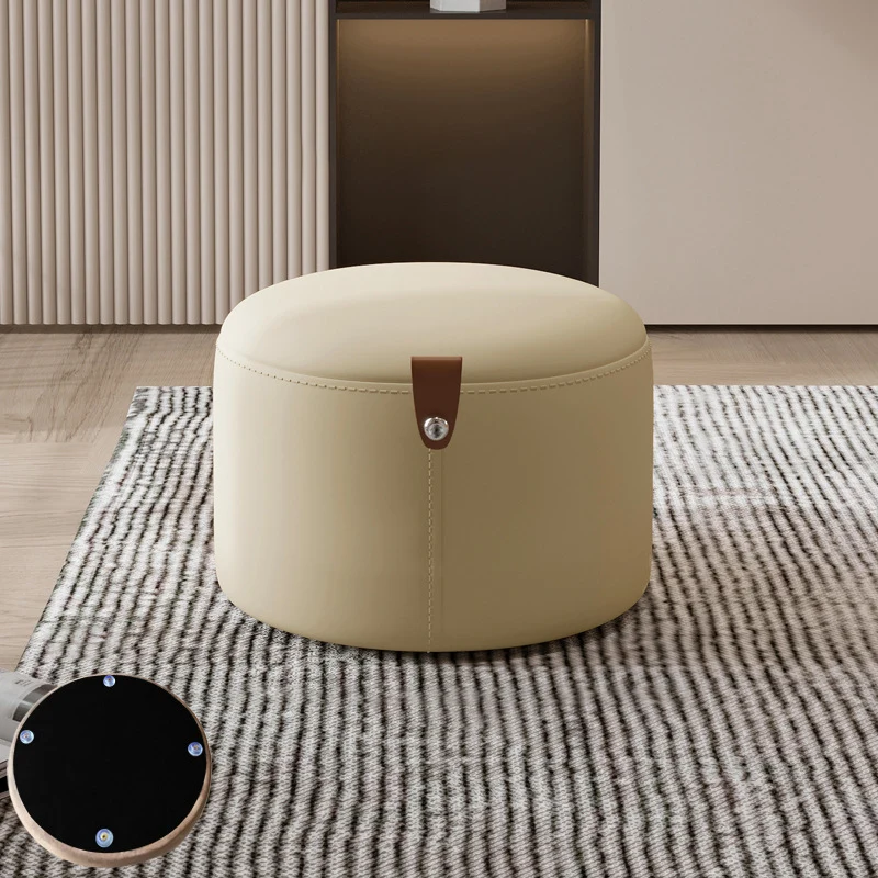 Contemporary Nordic Metal Rubber Wood Cat Scratch Leather Cylindrical Low Stool Backless Armless For Living Room