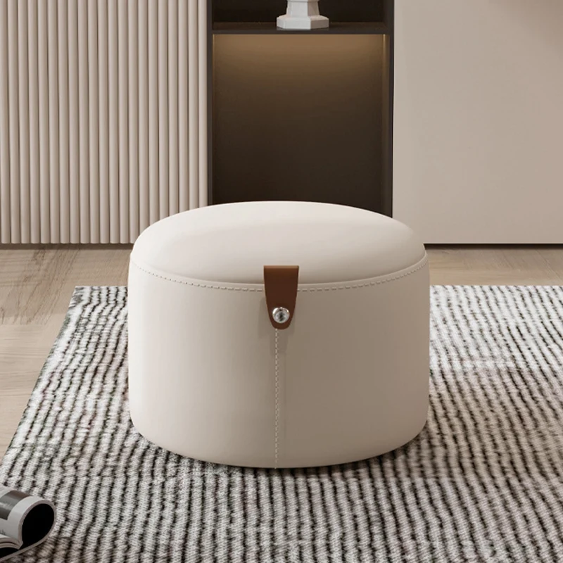 Contemporary Nordic Metal Rubber Wood Cat Scratch Leather Cylindrical Low Stool Backless Armless For Living Room