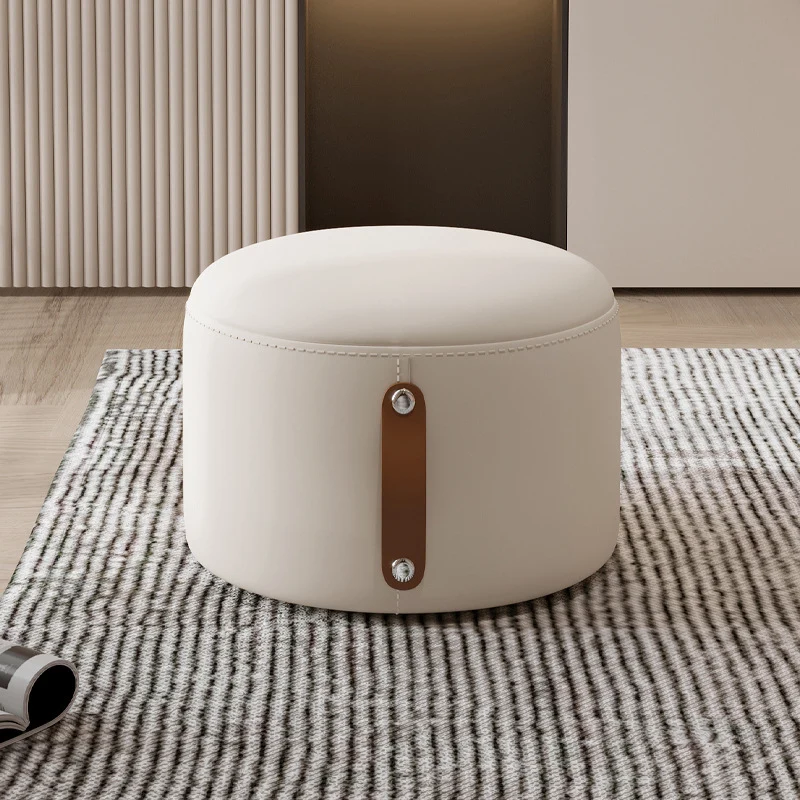 Contemporary Nordic Metal Rubber Wood Cat Scratch Leather Cylindrical Low Stool Backless Armless For Living Room
