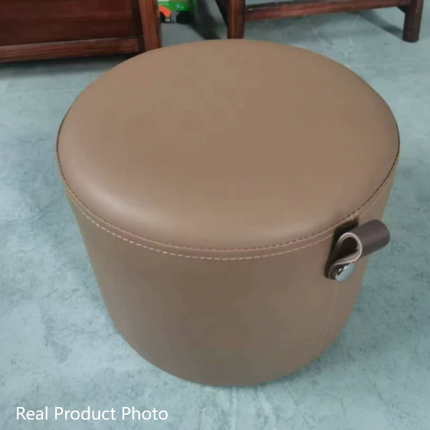 Contemporary Nordic Metal Rubber Wood Cat Scratch Leather Cylindrical Low Stool Backless Armless For Living Room