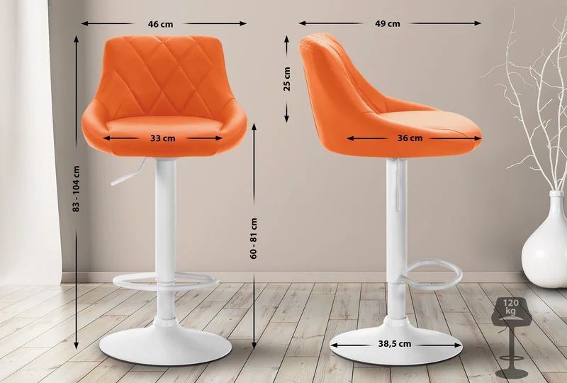 Tabouret de bar x1 en synthétique orange pivotant avec repose-pieds métal blanc coutures décoratives TDB10594