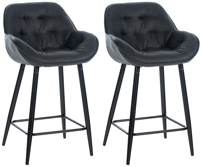 Lot de 2 tabourets de bar chaises hautes assise effet capitonnée en tissu gris foncé et métal noir 10_0004166
