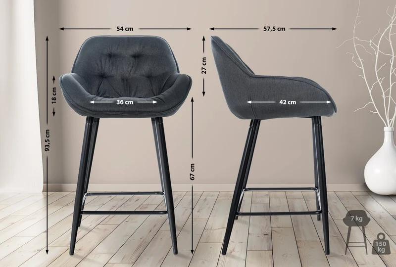Lot de 2 tabourets de bar chaises hautes assise effet capitonnée en tissu gris foncé et métal noir 10_0004166