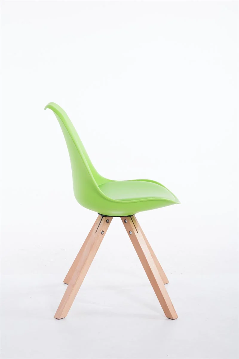 Chaise de salle à manger design scandinave en plastique et PVC vert et pieds en bois clair forme carré 10_0008509