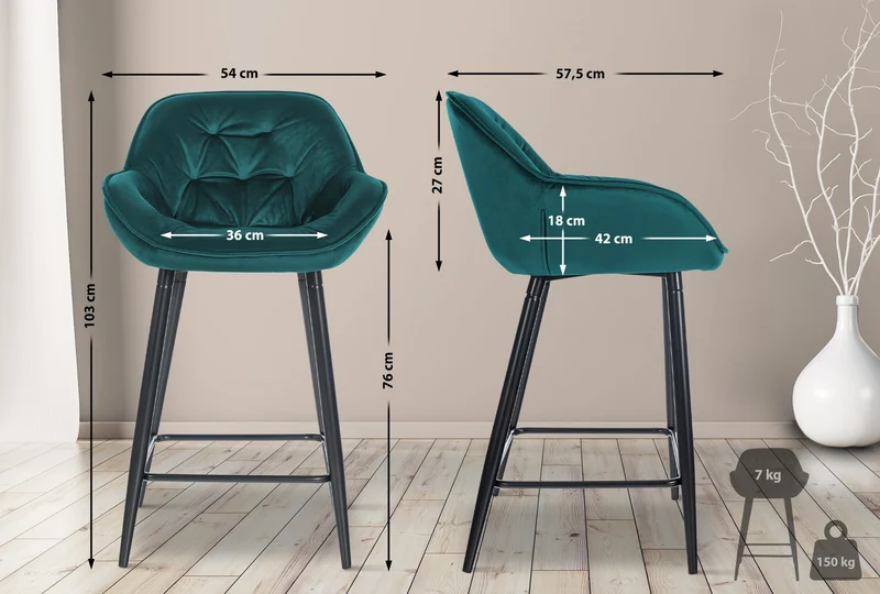 Lot de 2 tabourets de bar chaises hautes assise effet capitonnée en velours vert foncé et métal noir 10_0004153