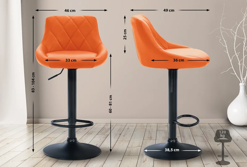 Tabouret de bar en synthétique orange pivotant avec repose-pieds métal noir coutures décoratives TDB10585