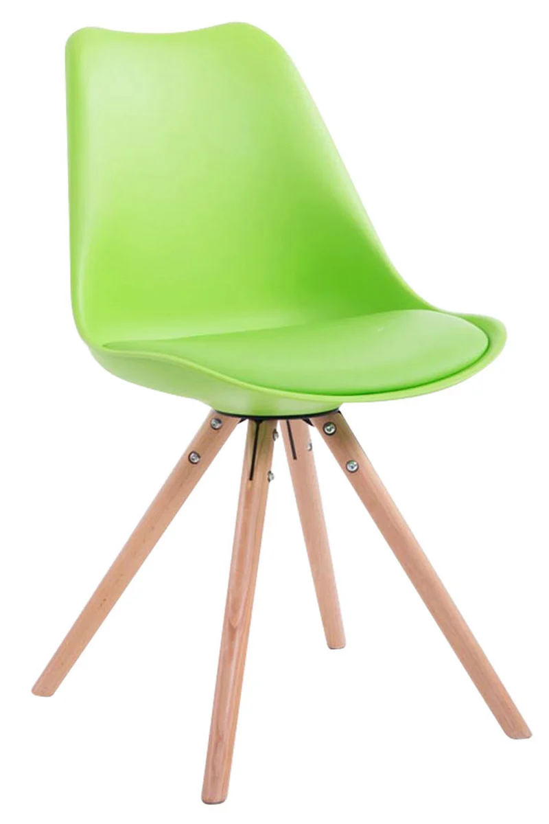 Chaise de salle à manger design scandinave en plastique et PVC vert et pieds en bois clair forme rond 10_0008732