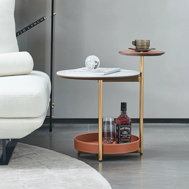 Two-Layer Round Rock Slab Ironwood Veneer Saddle-Style Faux Leather End Table - Creative Accent Side Table For Living Room
