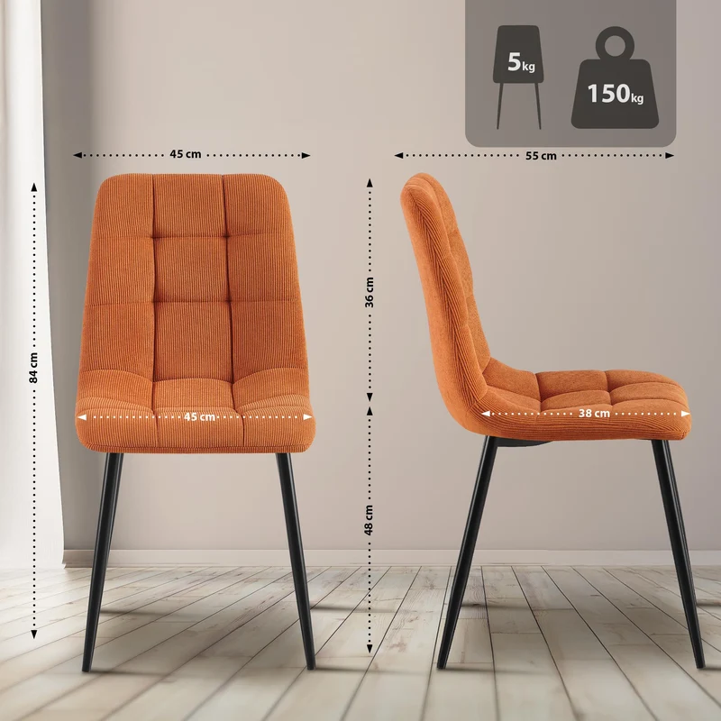 Lot de 4 chaises de salle à manger coutures décoratives carrées en velours côtelé orange et métal noir 10_0007767