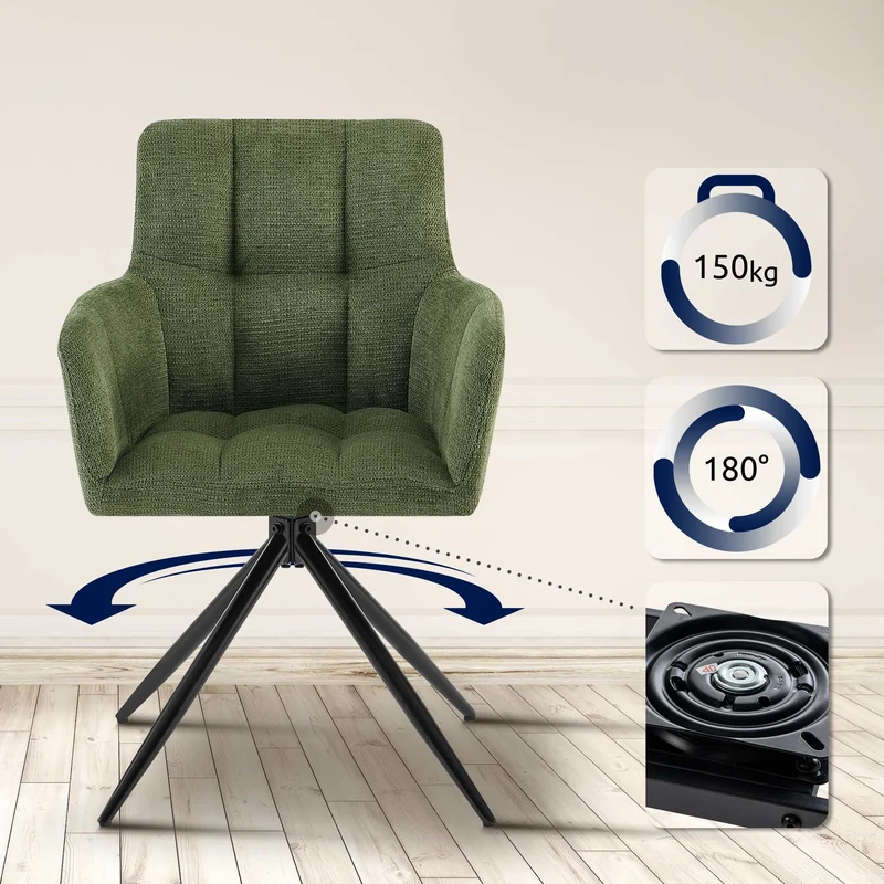 Chaise de salle à manger x1 moderne et confort mécanisme de rotation à 180° en tissu vert et métal 10_0007820