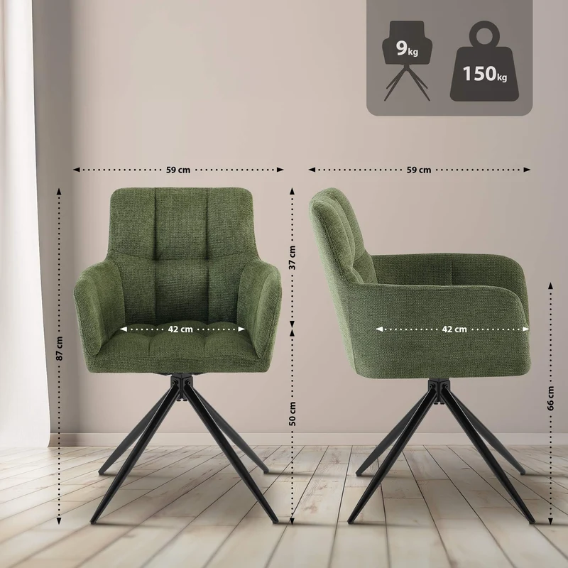 Chaise de salle à manger x1 moderne et confort mécanisme de rotation à 180° en tissu vert et métal 10_0007820