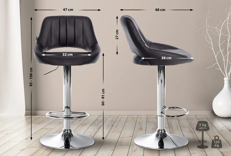 Tabouret de bar x1 avec repose-pieds pivotant et réglable en PVC marron et métal 10_0005209