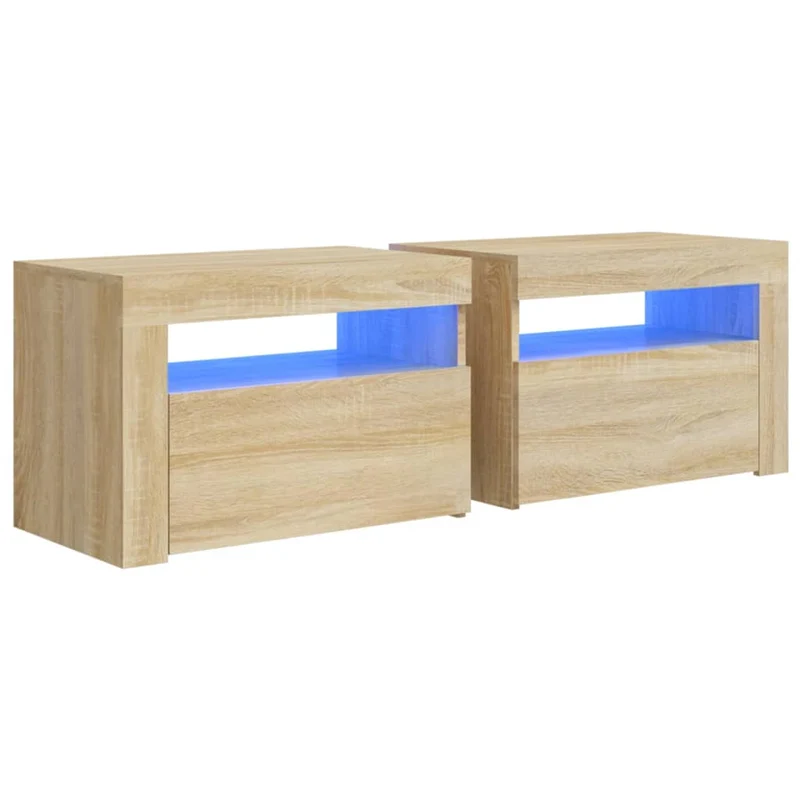 Lot de 2 tables de chevet lumière LED avec compartiment avec porte 60 x 35 x 40 cm bois d'ingénierie couleur chêne DEC034839
