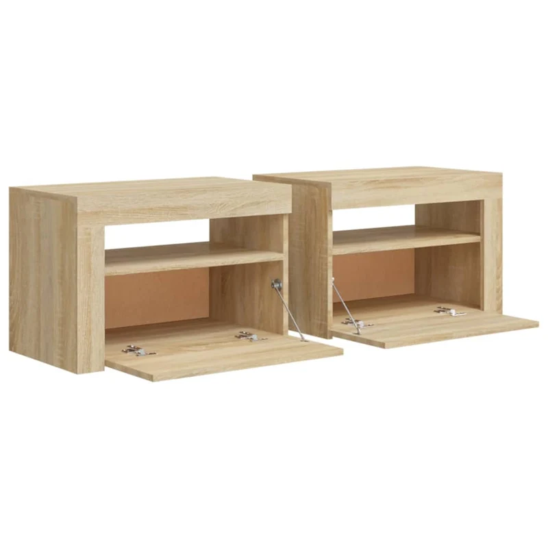 Lot de 2 tables de chevet lumière LED avec compartiment avec porte 60 x 35 x 40 cm bois d'ingénierie couleur chêne DEC034839