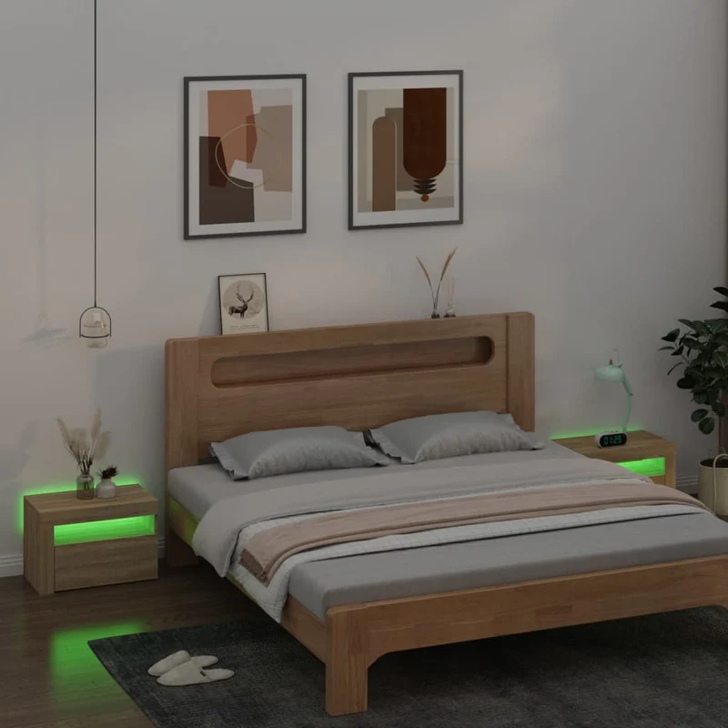 Lot de 2 tables de chevet lumière LED avec compartiment avec porte 60 x 35 x 40 cm bois d'ingénierie couleur chêne DEC034839