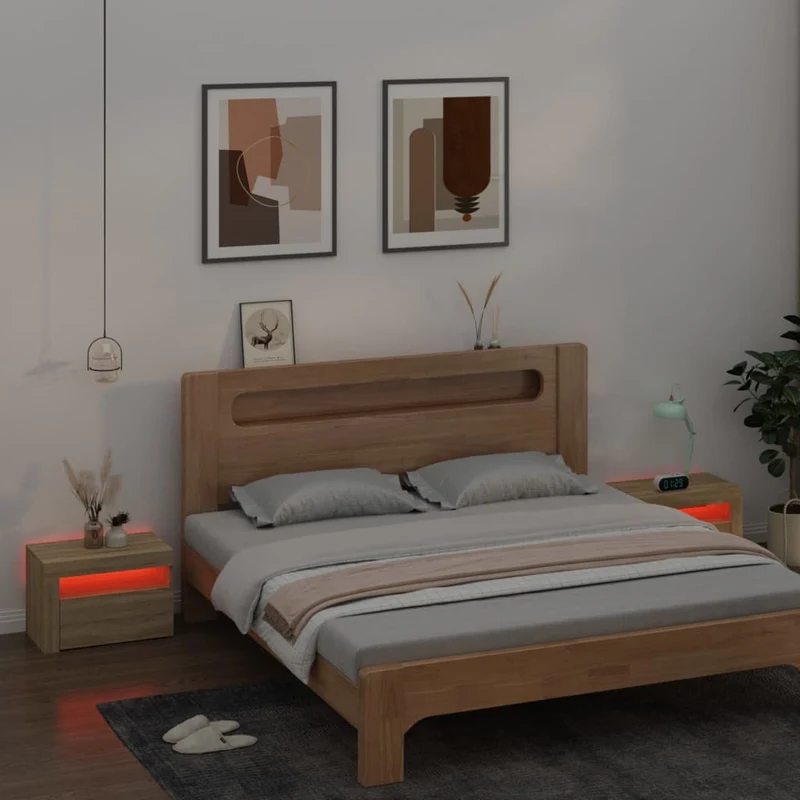 Lot de 2 tables de chevet lumière LED avec compartiment avec porte 60 x 35 x 40 cm bois d'ingénierie couleur chêne DEC034839