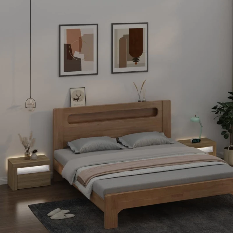 Lot de 2 tables de chevet lumière LED avec compartiment avec porte 60 x 35 x 40 cm bois d'ingénierie couleur chêne DEC034839