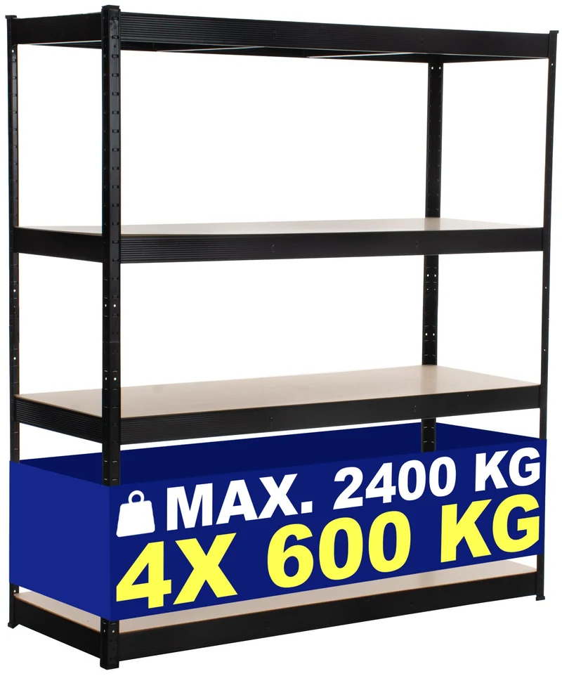 Étagère de stockage charge lourde 160x180x60 cm métal galvanisée noir avec 4 niveaux réglables capacité 600 kg par niveau 10_0009028