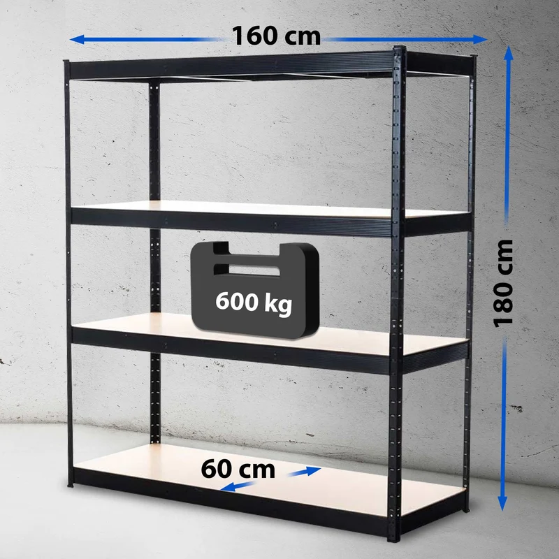 Étagère de stockage charge lourde 160x180x60 cm métal galvanisée noir avec 4 niveaux réglables capacité 600 kg par niveau 10_0009028
