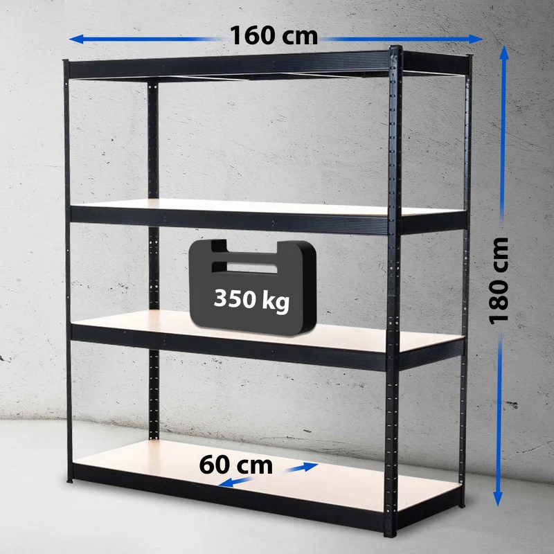 Étagère de stockage charge lourde 160x180x60 cm métal galvanisée noir avec 4 niveaux réglables capacité 350 kg par niveau 10_0009025