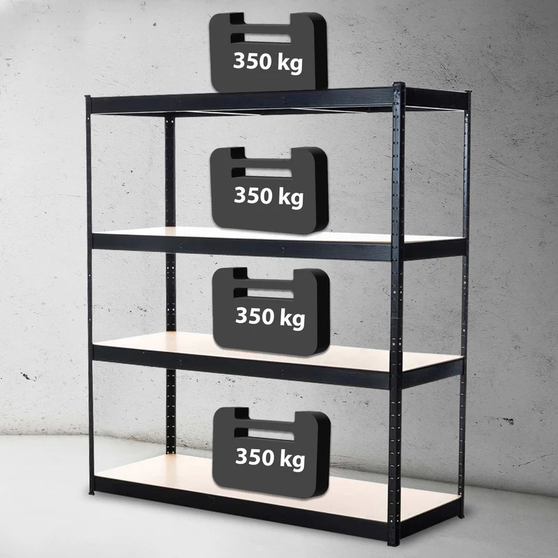 Étagère de stockage charge lourde 160x180x60 cm métal galvanisée noir avec 4 niveaux réglables capacité 350 kg par niveau 10_0009025