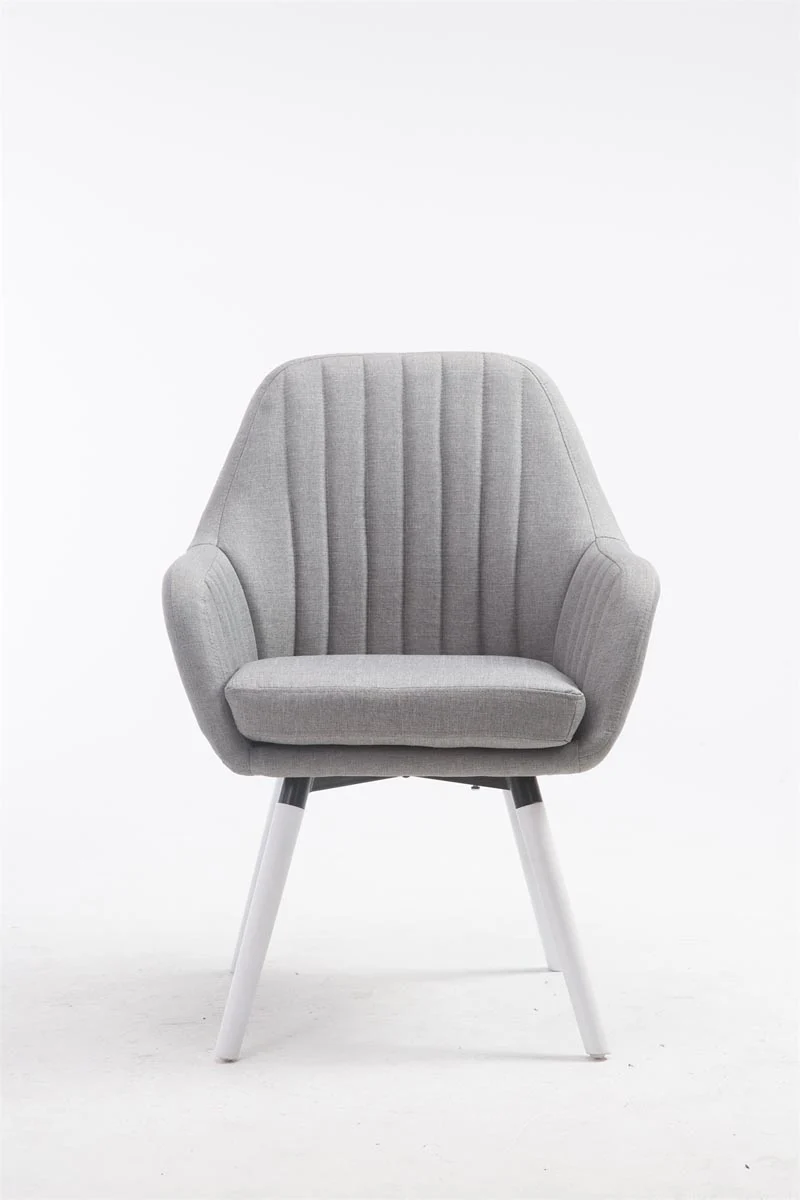 Chaise de salle à manger design rétro moderne avec accoudoirs rembourrée en tissu gris avec pieds en bois blanc 10_0008837