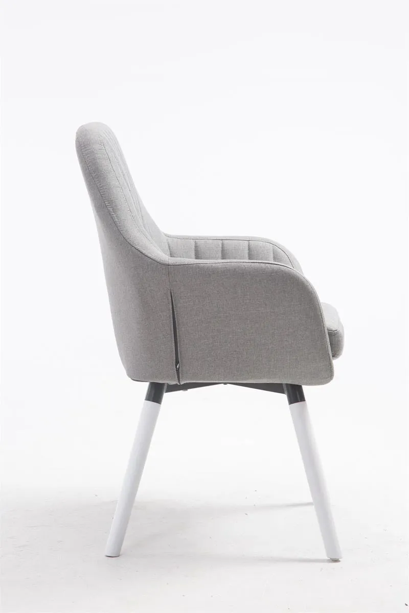 Chaise de salle à manger design rétro moderne avec accoudoirs rembourrée en tissu gris avec pieds en bois blanc 10_0008837