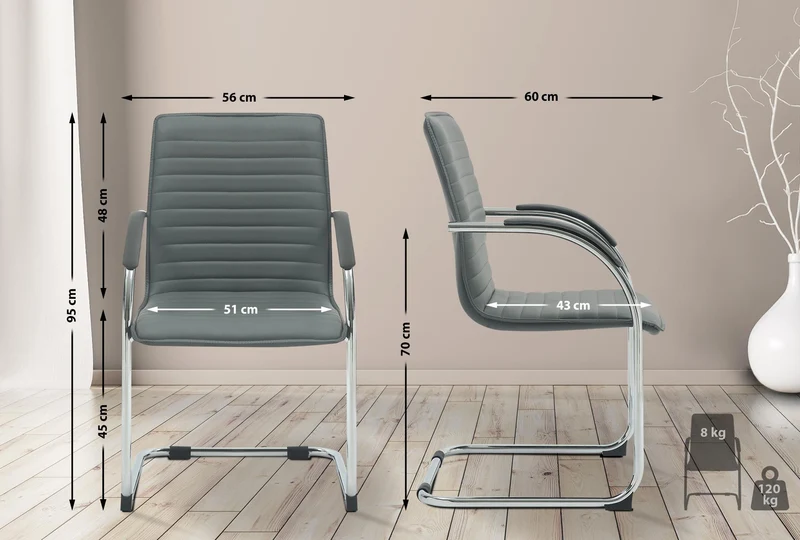 Chaise visiteur de bureau avec accoudoirs rembourrée en simili cuir gris avec piètement luge métallique 10_0008306