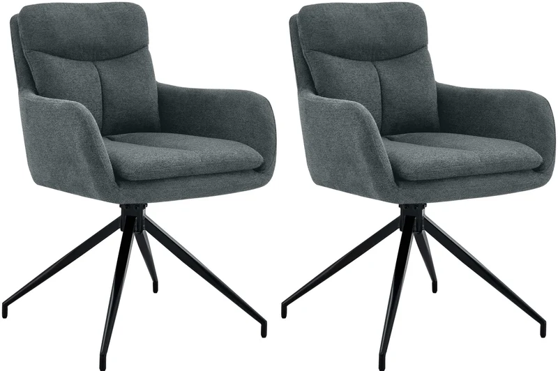 Lot de 2 chaises de salle à manger fauteuils pivotants 180° en tissu gris foncé avec accoudoirs et piètement métal 10_0007699