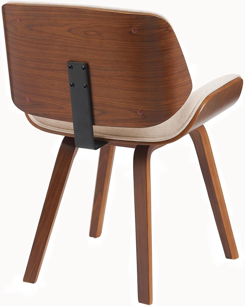 Chaise de salle à manger design rétro en tissu crème avec piètement en bois courbé aspect noyer 10_0007526