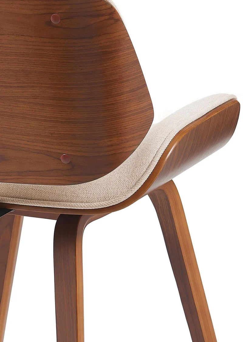 Chaise de salle à manger design rétro en tissu crème avec piètement en bois courbé aspect noyer 10_0007526