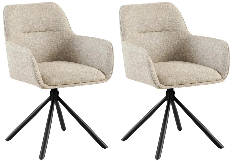 Lot de 2 chaises de salle à manger fauteuils pivotants 180° en tissu taupe avec accoudoirs et piètement métal noir 10_0007386