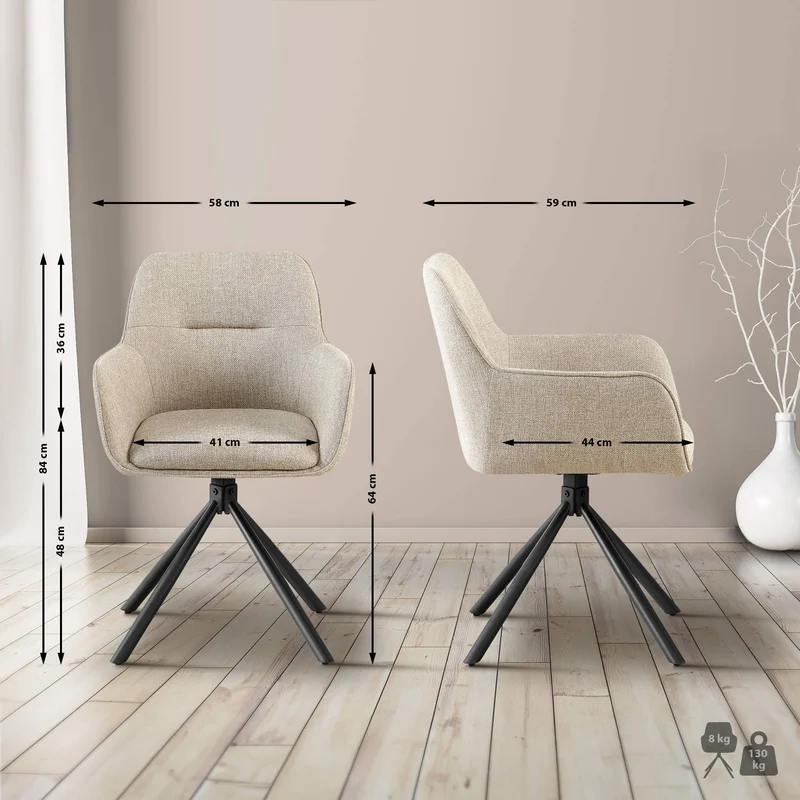 Lot de 2 chaises de salle à manger fauteuils pivotants 180° en tissu taupe avec accoudoirs et piètement métal noir 10_0007386