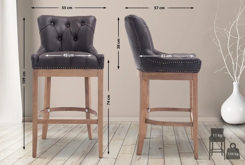 Tabouret de bar x1 en cuir véritable marron avec dossier capitonné et piètement en bois d’hévéa 10_0005058