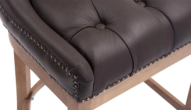 Tabouret de bar x1 en cuir véritable marron avec dossier capitonné et piètement en bois d’hévéa 10_0005058