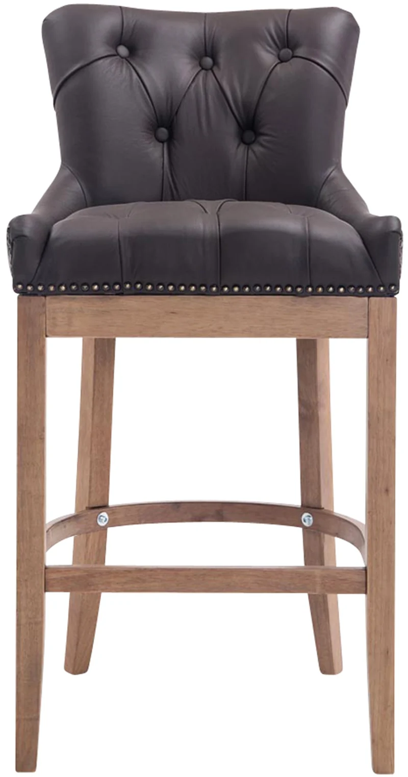 Tabouret de bar x1 en cuir véritable marron avec dossier capitonné et piètement en bois d’hévéa 10_0005058