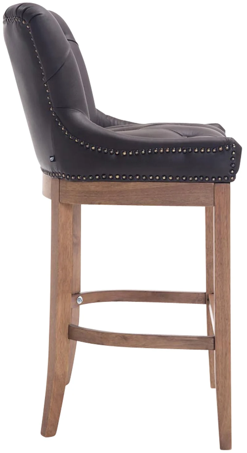 Tabouret de bar x1 en cuir véritable marron avec dossier capitonné et piètement en bois d’hévéa 10_0005058